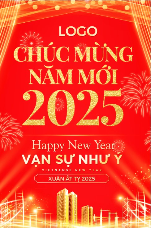 Banner poster real estate happy new year tet holiday pháo hoa vạn sự như ý poster bất động sản, poster tết